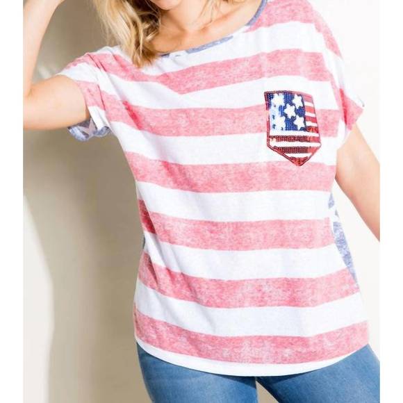 NEW E. LUNA american flag plus tee with sequin pocket plus in red and white - Picture 1 of 3
